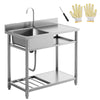 DodiOnline Outdoor Stainless Steel Kitchen Sink, Freestanding Sink Single Bowl with Cold and Hot Water Pipe and Storage Shelves