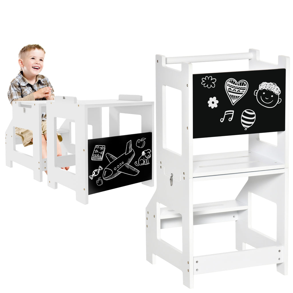 DodiOnline 2 in 1 Kids Kitchen Step Stool with Safety Rail Toddler Steps with Chalkboard for Kitchen Bathroom, White