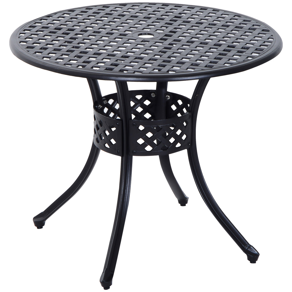 DodiOnline 85cm Round Garden Table with Umbrella Hole, Aluminium Grid Motif Outdoor Dining Table for Garden Patio, Black