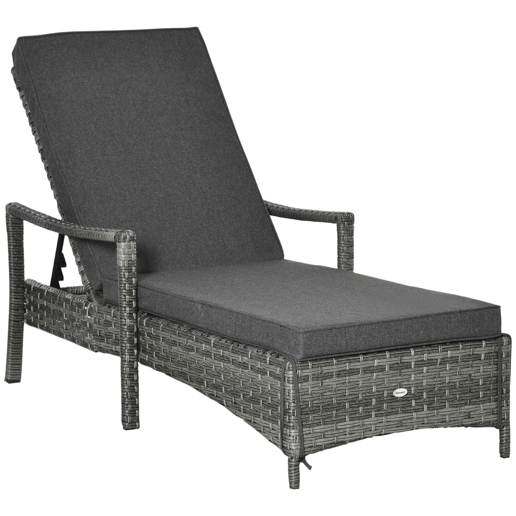 DodiOnline Patio Rattan Sun Lounger, Dual Wicker Weave Outdoor Single Reclining Chair Furniture, 4-Level Adjustable Backrest w/ Removeable & Washable Cushion, Mixed Grey