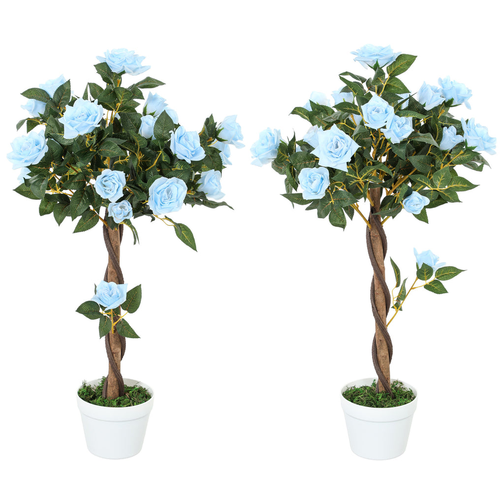 DodiOnline Set of 2 Artificial Plants White Rose Floral in Pot, Fake Plants for Home Indoor Outdoor Decor, 90cm, Light Blue