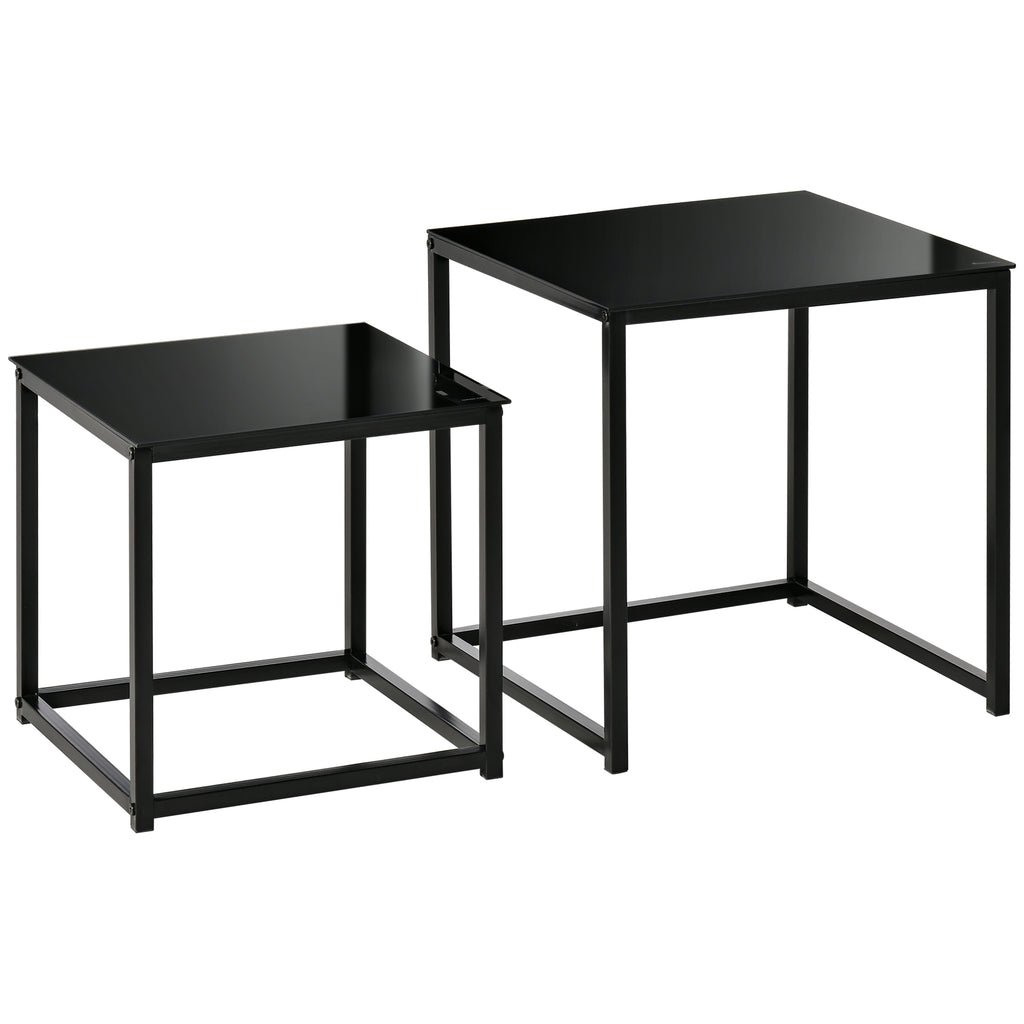 DodiOnline Nest of Tables, Set of 2 Coffee Table, Side Tables with Tempered Glass Desktop and Metal Frame for Living Room, Bedroom, Office, Black