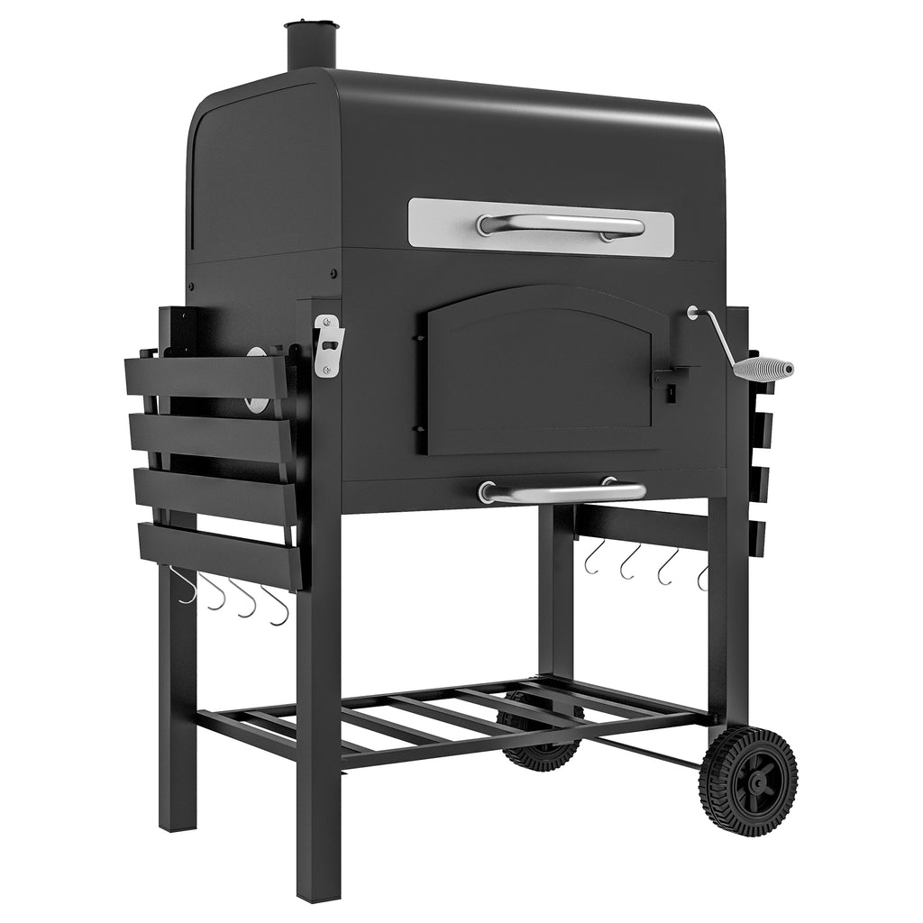 DodiOnline Charcoal Barbecue Grill Trolley Garden Smoker with Shelves, Adjustable Height, Thermometer on Lid, Opener and Wheels