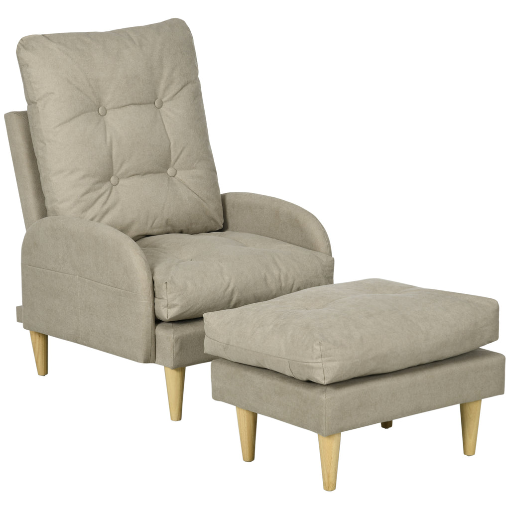 DodiOnline Upholstered Recliner Armchair with Footstool Set, Modern Button Tufted Accent Chair with Adjustable Backrest, Cushions, Wood Legs and Side Pockets for Living Room, Bedroom, Home Study, Beige