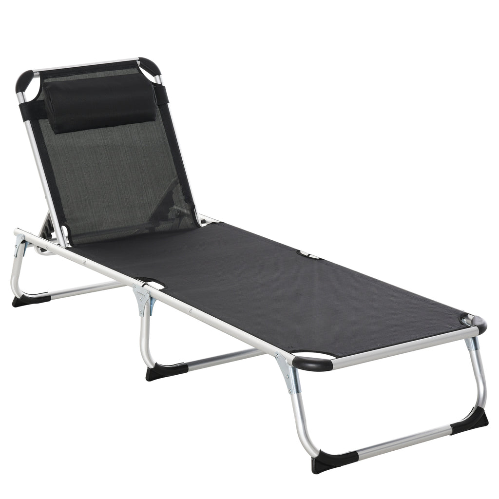 DodiOnline Foldable Outdoor Sun Lounger, Reclining Lounge Chair Camping Bed Cot with Pillow 4-Level Adjustable Back Aluminium Frame, Black