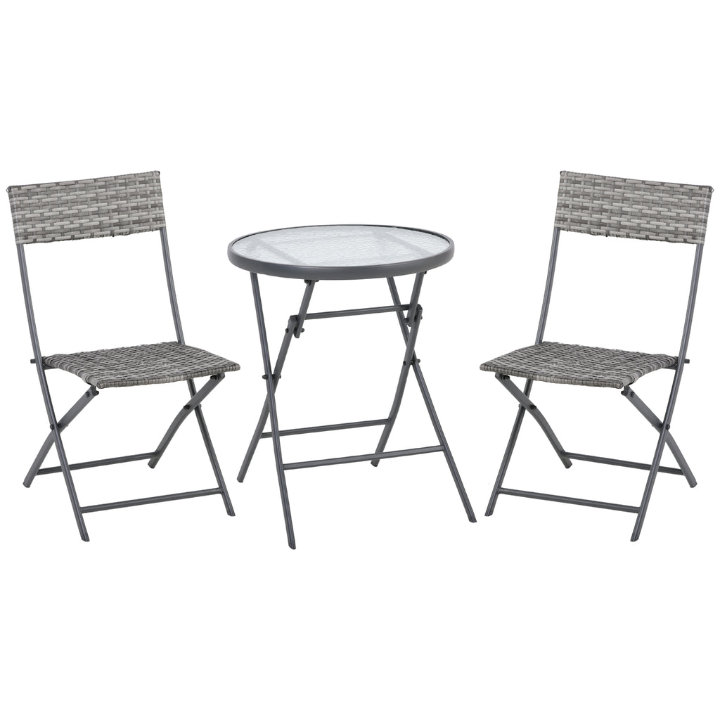 DodiOnline 3 Pieces Rattan Bistro Set, Wicker Folding Outdoor Furniture Set with Glass Top Coffee Table and Chairs for Outdoor, Patio, Balcony, Grey