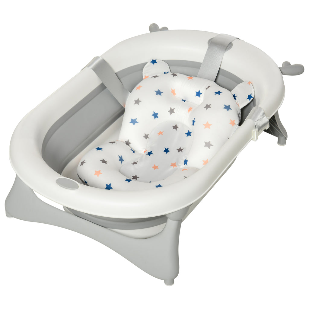 DodiOnline Foldable Baby Bathtub Set, Collapsible Bath Tub with Thermostatic Water Plug, Non-Slip Support, Cushion Pad, Drain Plugs, for Newborn to 3 Years - Offwhite
