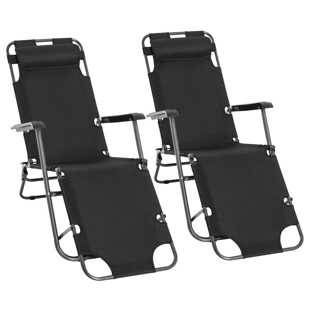 DodiOnline 2 Pieces 2 in 1 Sun Lounger Folding Reclining Chair Garden Outdoor Camping Adjustable Back with Pillow, Black