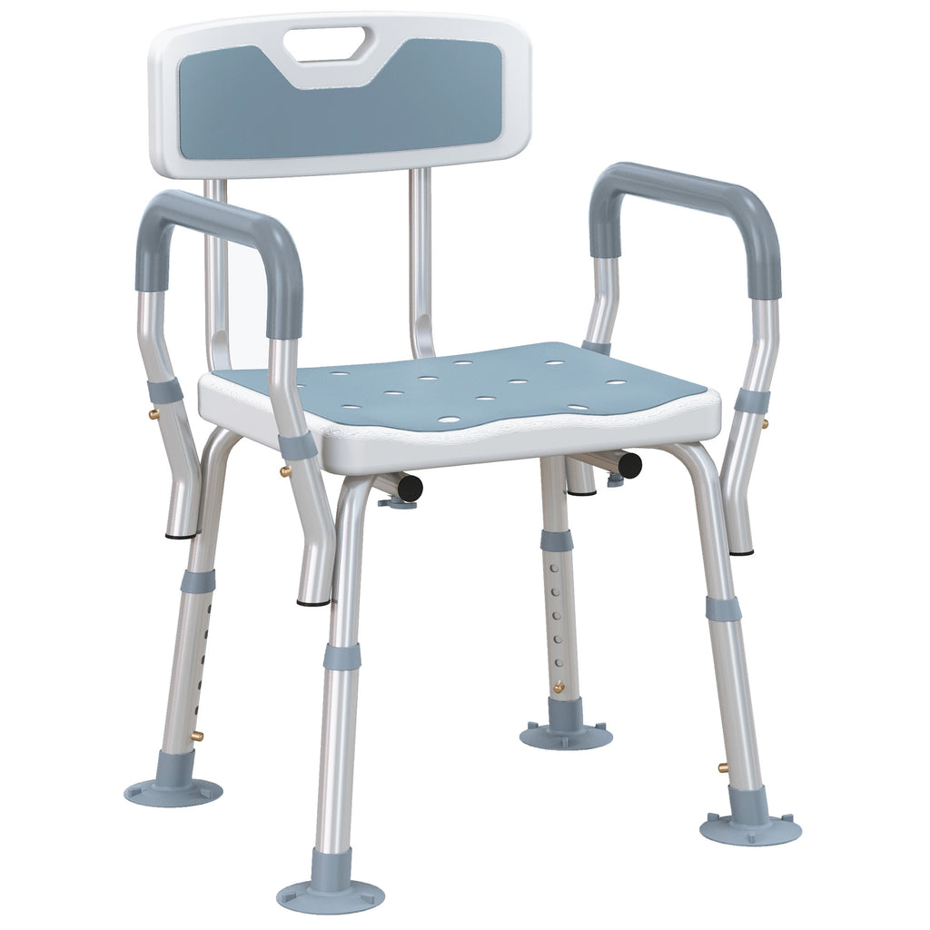 DodiOnline EVA Padded Shower Chair for the Elderly and Disabled, Height Adjustable Shower Stool with Back and Arms, 4 Suction Foot Pads, Light Blue
