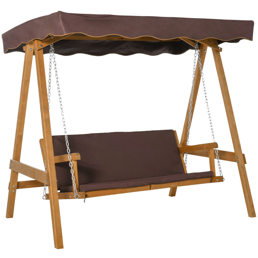 DodiOnline 3 Seater Garden Swing Seat Outdoor Swing Chair with Adjustable Canopy, Wooden Hammock Bench with  Padded Cushions for Patio Yard, Brown