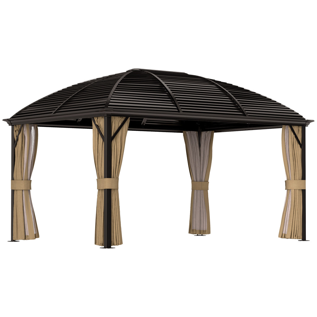 DodiOnline 3 x 4m Hardtop Gazebo Canopy with Metal Roof, Aluminium Gazebo Permanent Pavilion with Netting and Curtains, Brown