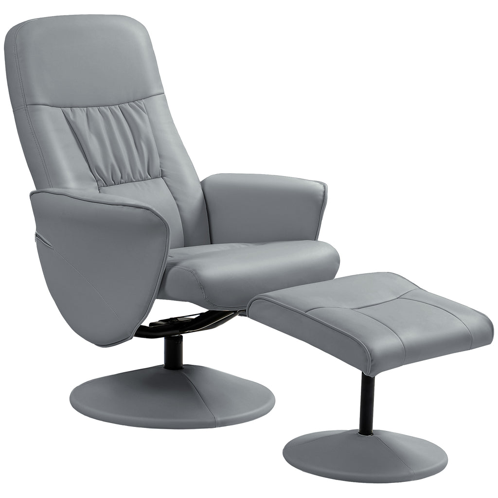 DodiOnline Swivel Recliner Chair with Footstool, PU Leather Armchair and Ottoman with High Back and Round Base for Living Room, Light Grey