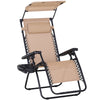 DodiOnline Foldable Reclining Garden Chair with Headrest, Zero Gravity Deck Sun Lounger Seat Chair with Footrest, Armrest, Cup Holder & Canopy Shade, Beige