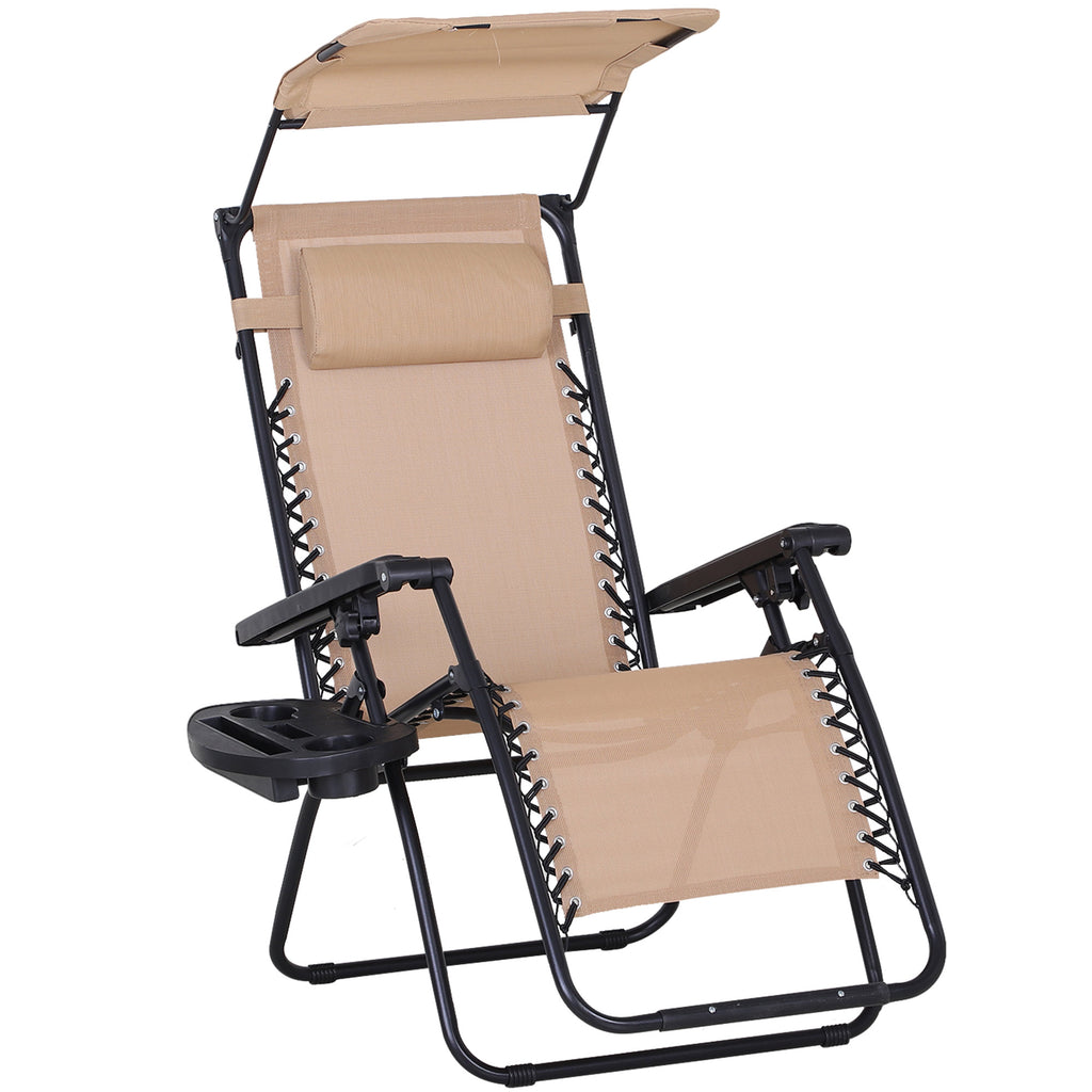 DodiOnline Foldable Reclining Garden Chair with Headrest, Zero Gravity Deck Sun Lounger Seat Chair with Footrest, Armrest, Cup Holder & Canopy Shade, Beige