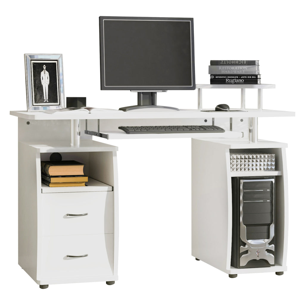 DodiOnline Computer Desk Office PC Table Workstation with Keyboard Tray, CPU Shelf, Drawers, Sliding Scanner Shelf, White