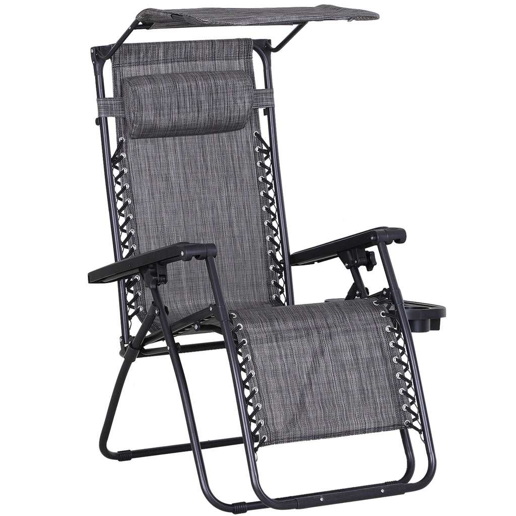 DodiOnline Foldable Reclining Garden Chair with Headrest, Zero Gravity Deck Sun Lounger Seat Chair with Footrest, Armrest, Cup Holder & Canopy Shade, Grey