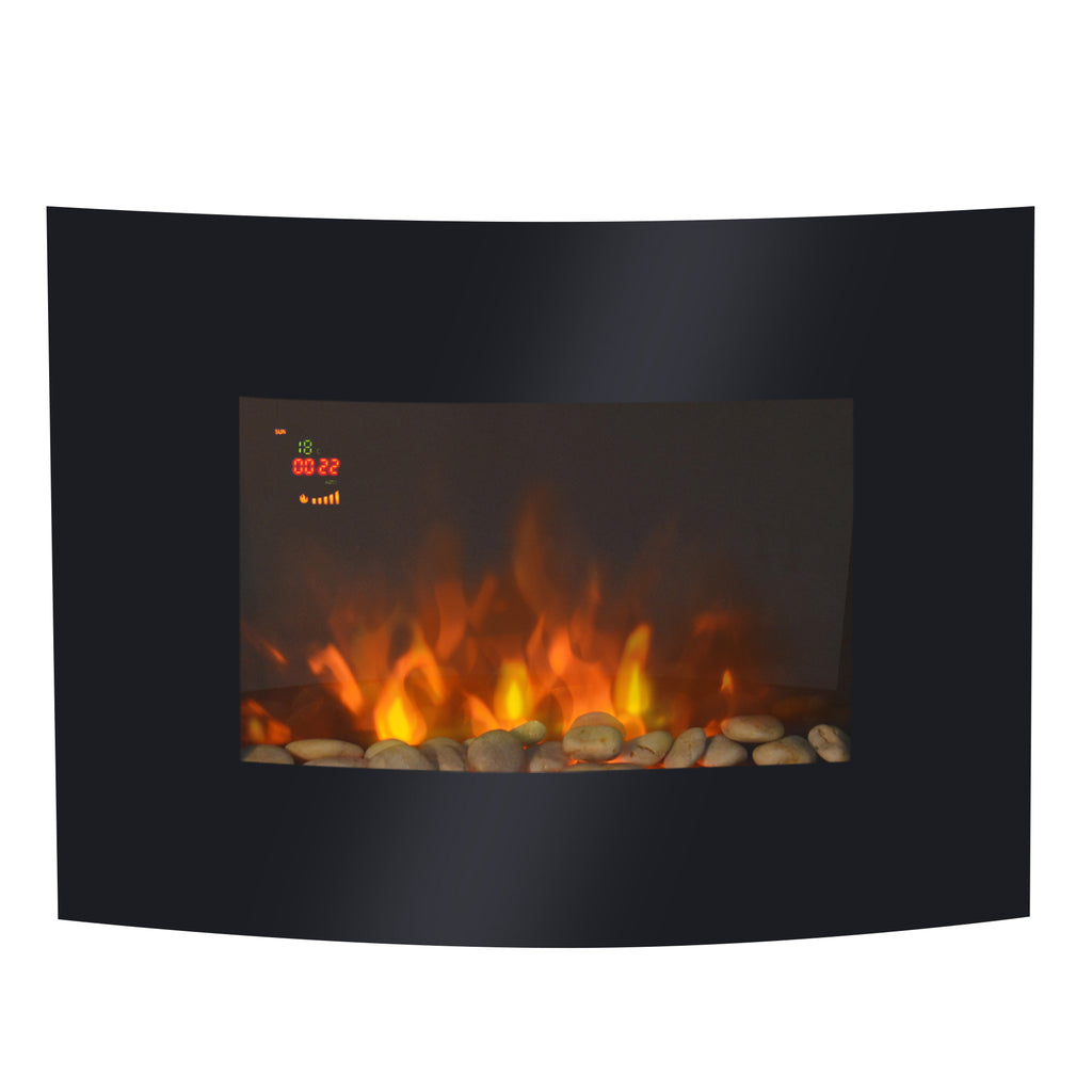 DodiOnline Led Wall Mounted Fireplace Curved Glass Electric Fire Place Fire Place 7 Colour Side Lights Slimline, 900/1800W, 65cm x 52cm