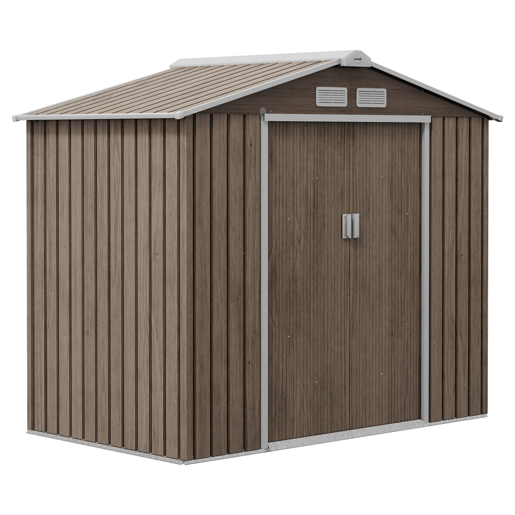 DodiOnline 7 x 4ft Metal Garden Storage Shed with Vents, Floor Foundation Kit and Lockable Double Doors, Light Brown
