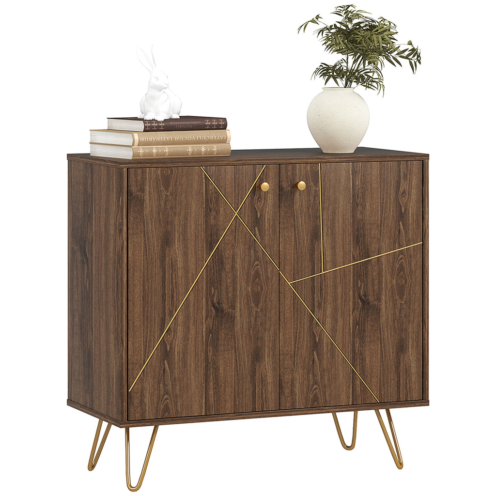 DodiOnline Sideboard Storage Cabinet with Golden Lines, Modern Luxury Living Room Cabinet with Adjustable Shelf, Steel Harpin Legs, Brown
