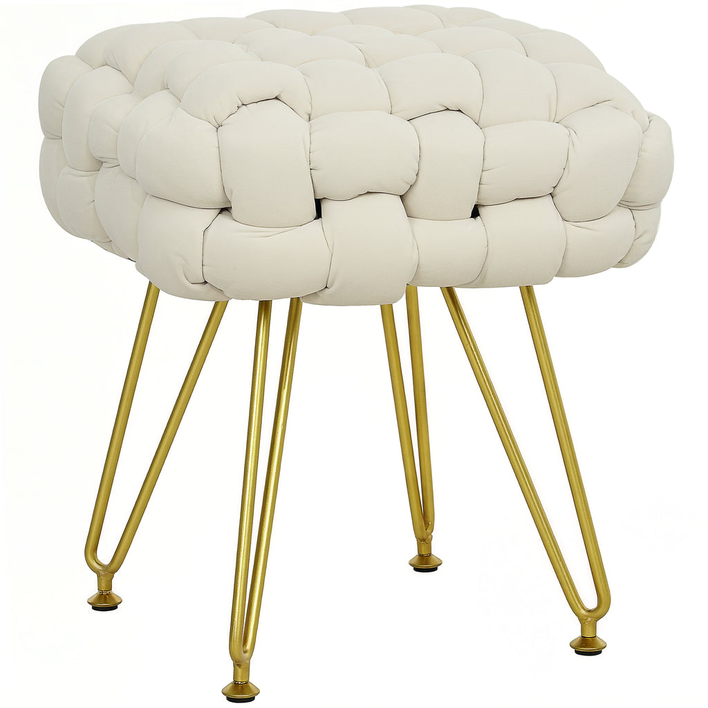 DodiOnline Velvet-Feel Bold Woven Footstool - Cream White