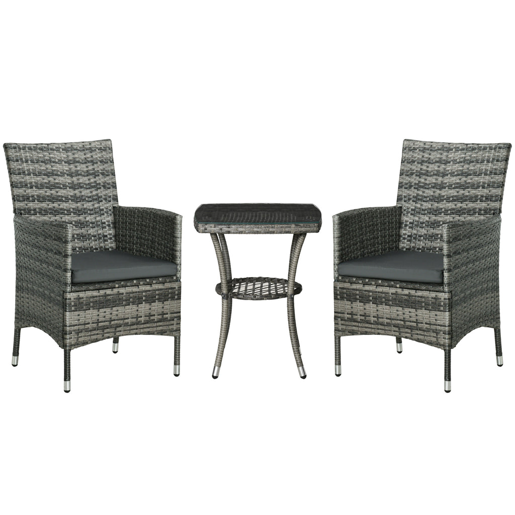 DodiOnline 3 Pieces Rattan Bistro Set, Wicker Outdoor Furniture Set with 2-Tier Coffee Table and Chairs, Washable Cushions, for Outdoor Patio Balcony, Mixed Grey