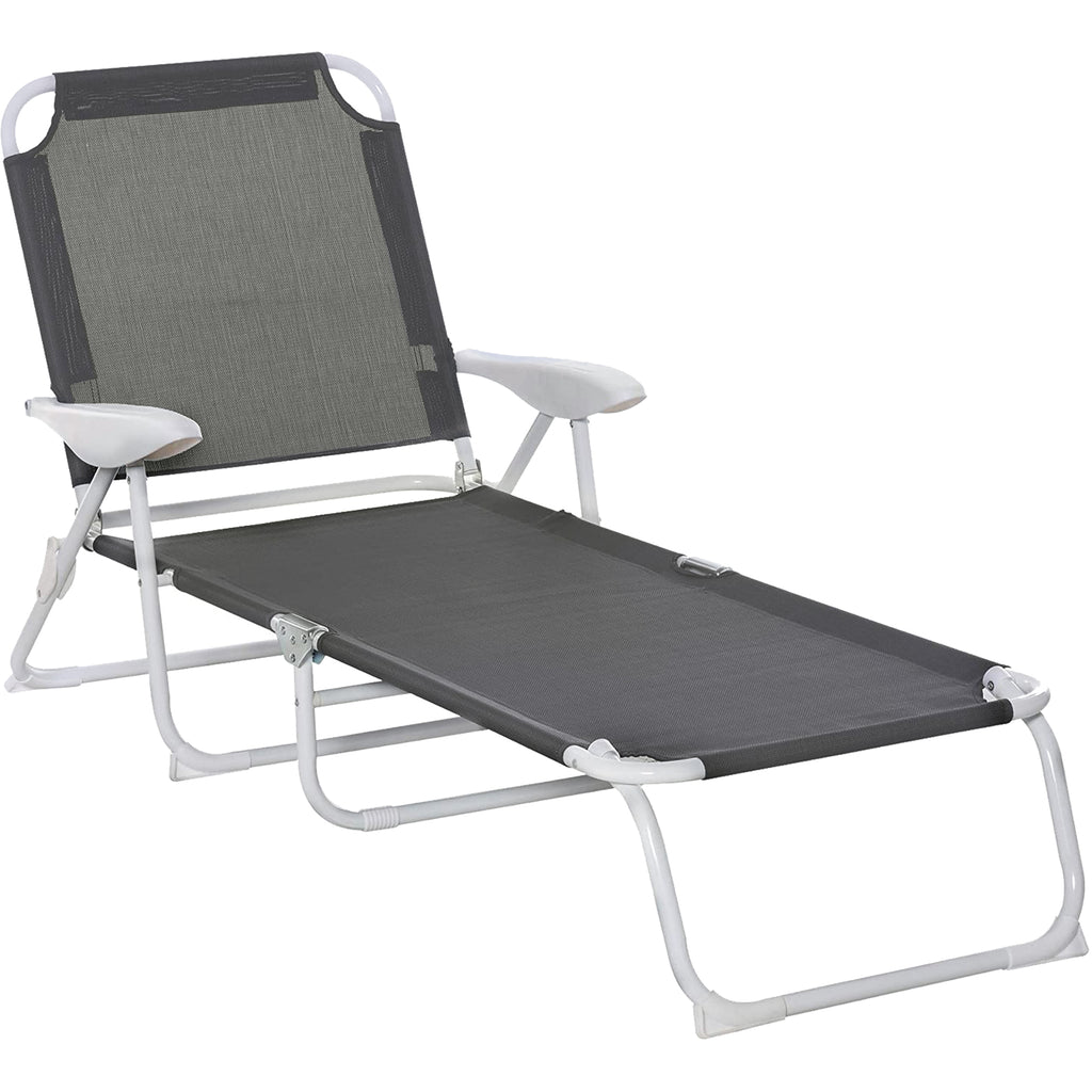 DodiOnline Foldable Sun Lounger, Outdoor 4 Level Adjustable Backrest Reclining Lounge Chair with Armrests for Patio, Garden, Dark Grey