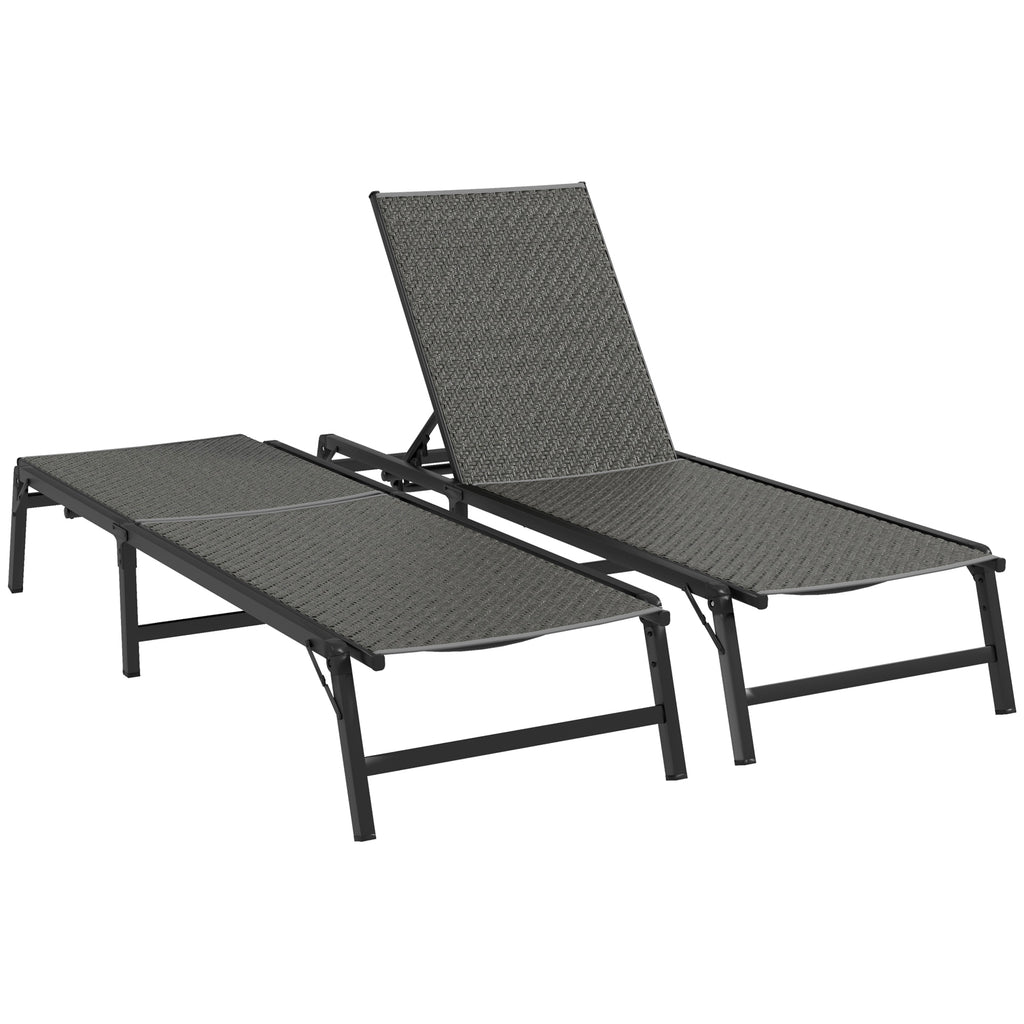 DodiOnline Foldable Outdoor PE Rattan Sun Lounger Set of 2, Patio Wicker Recliners Lounge Chair w/ 5-Level Adjustable Backrest, for Poolside, Garden, Grey