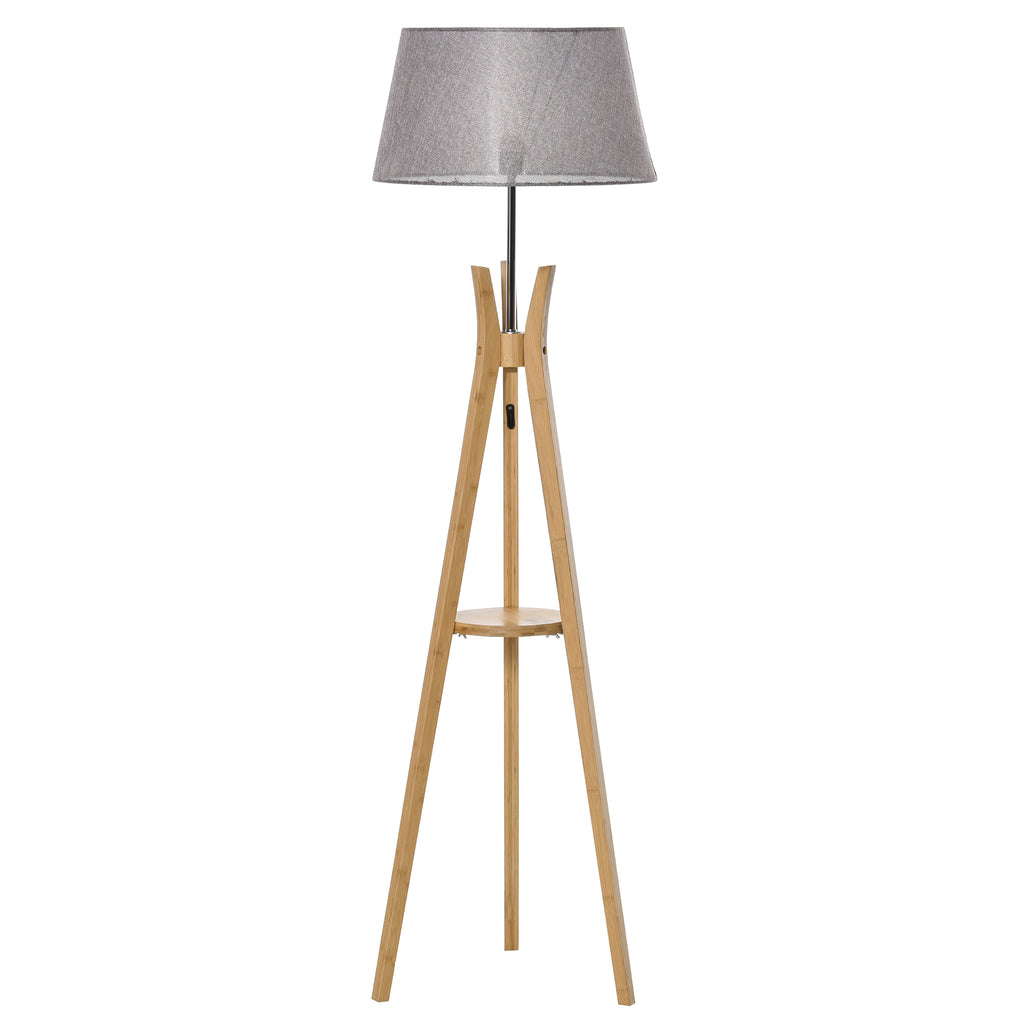 DodiOnline Natural Wood Tripod Floor Lamp Light E27 Base Bedroom Living Room Fabric Shade Storage Shelf Foot Switch, 156cm, Grey