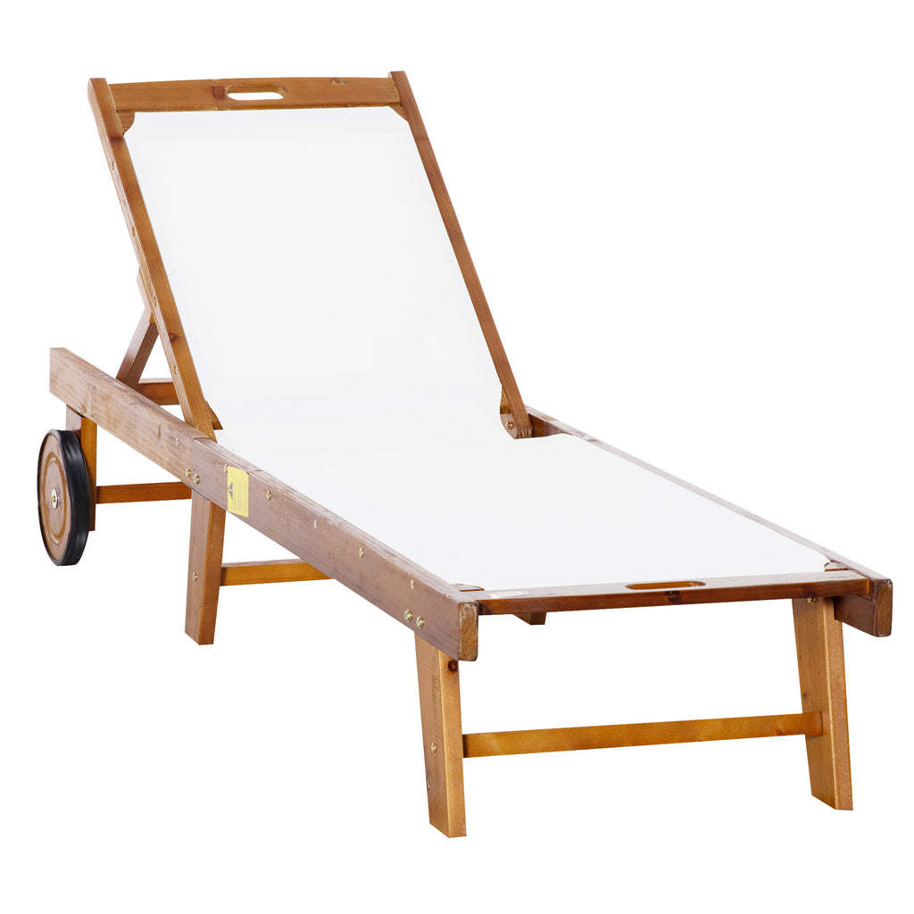 DodiOnline Outdoor Acacia Wood Texteline Beach Sun Lounger Garden Patio Sunbed Recliner Chaise Adjustable Backrest with Wheels